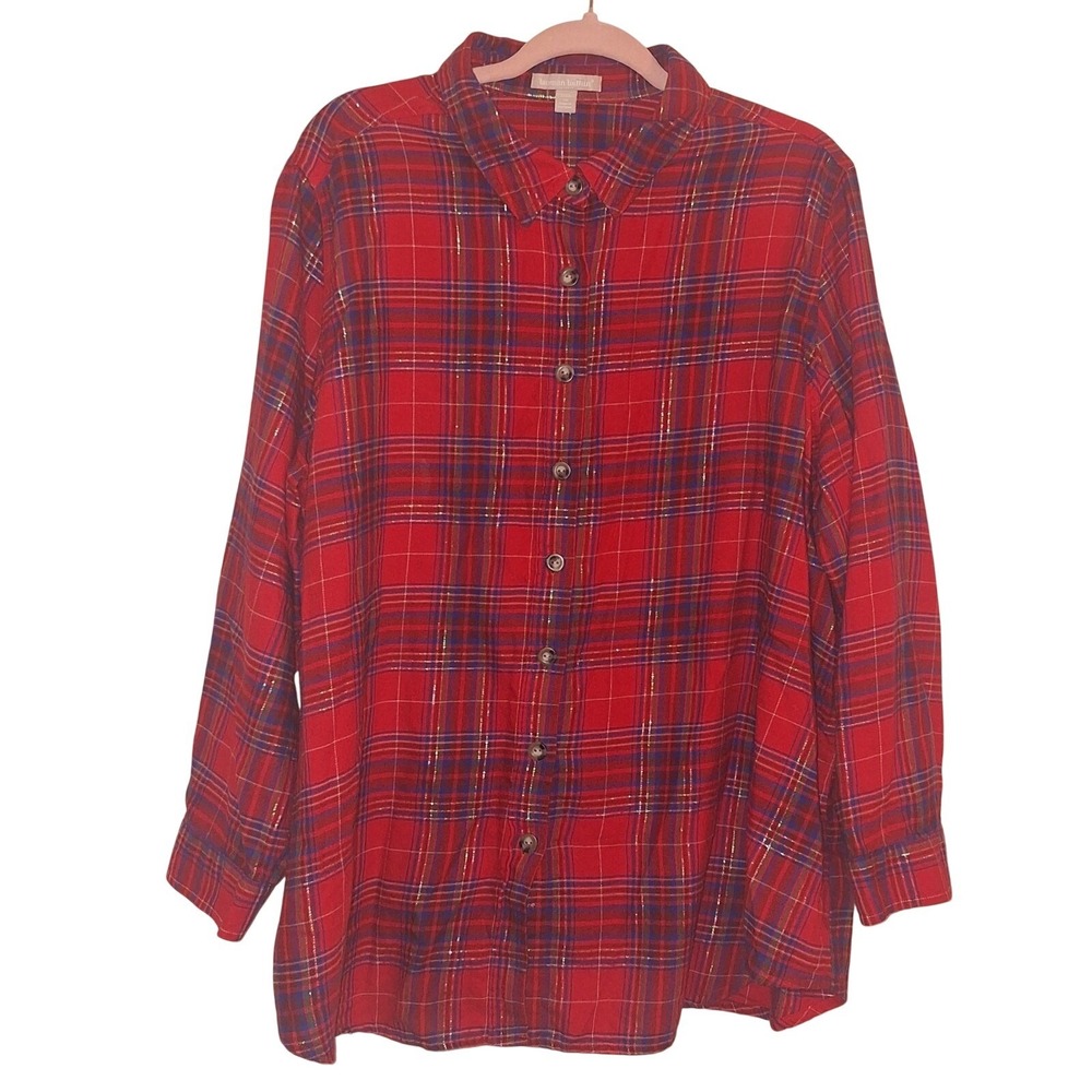 Woman Within Size 22/24 Plaid Longsleeve Button Up Christmas Plaid Holiday Cabin - Picture 1 of 4